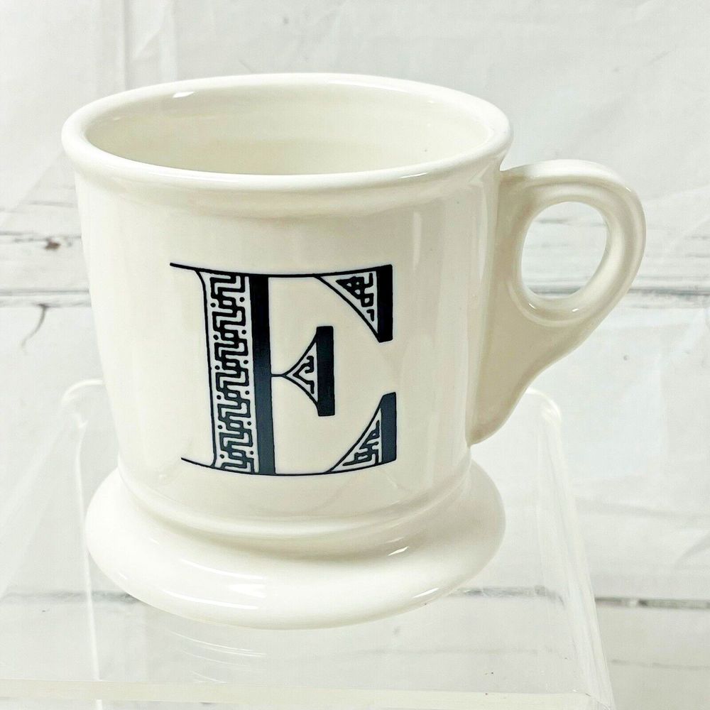 Anthropologie Black E Letter Design Monogram White Coffee Cup Mug Shaving Style